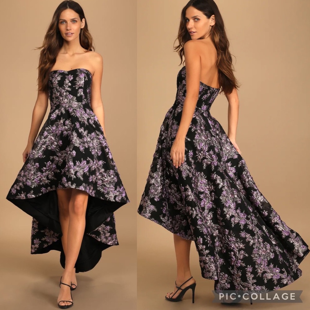 Lulus All Romance Black Floral Jacquard Strapless High-Low Gown Black/Lilac - XS